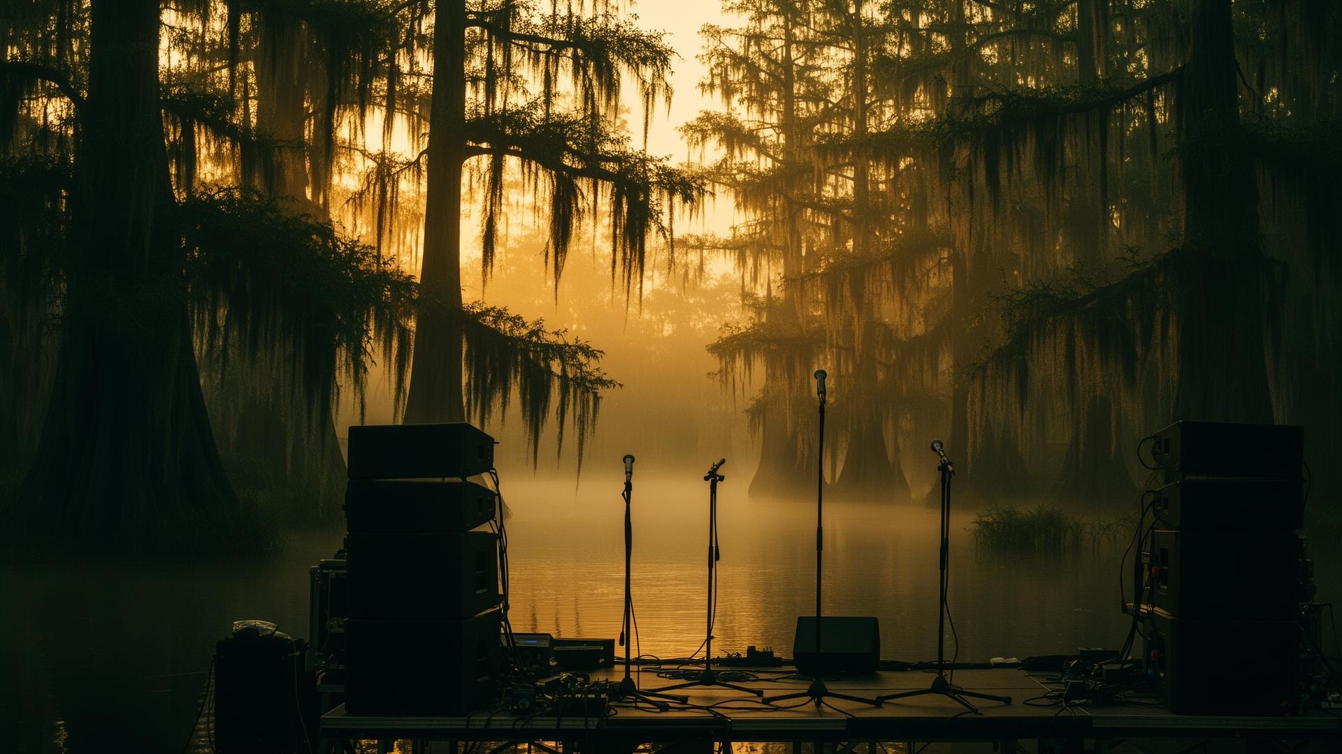 Cypress trees and live sound rig at golden hour over a Louisiana bayou